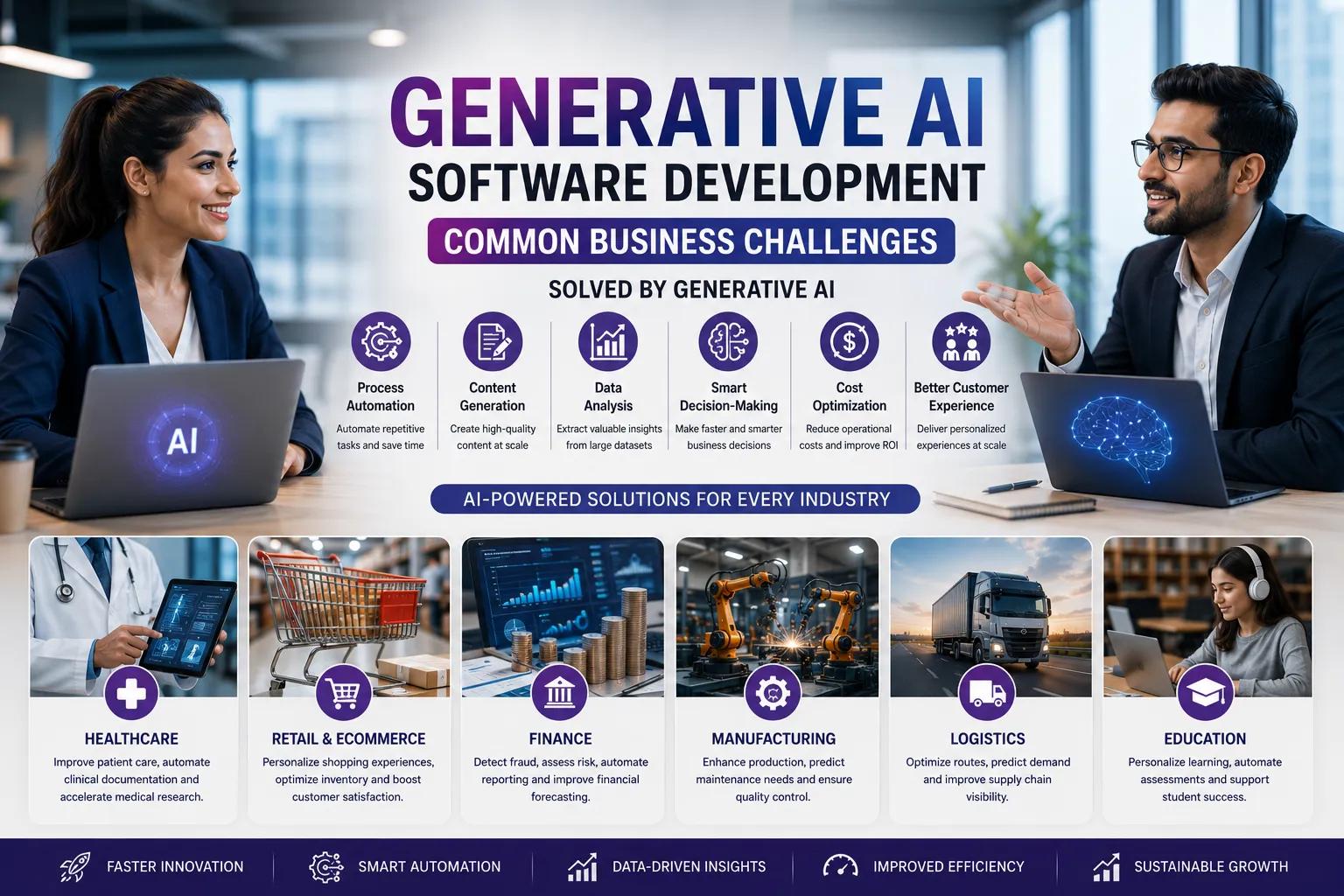 Common Business Challenges Solved by
Generative AI Software Development. cover picture