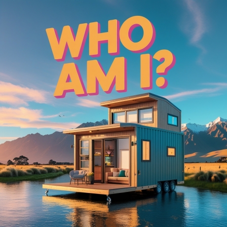 a tiny home with who am i written on top . 