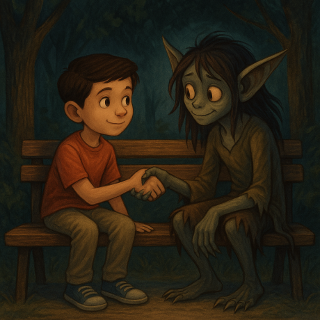 A boy and a gentle creature share a moment of trust in a quiet forest glade, challenging the fear of the unknown.