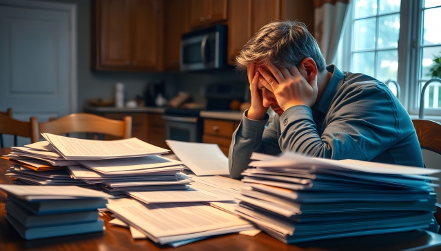 gentleman overwhelmed by paperwork to sell a house by owner