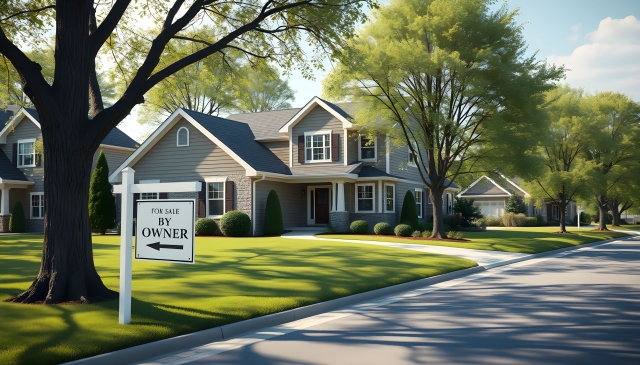 suburban home with for sale by owner sign