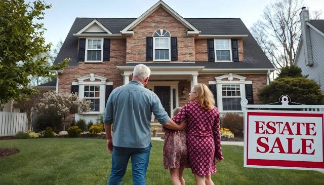 Grieving family in front of an inherited house