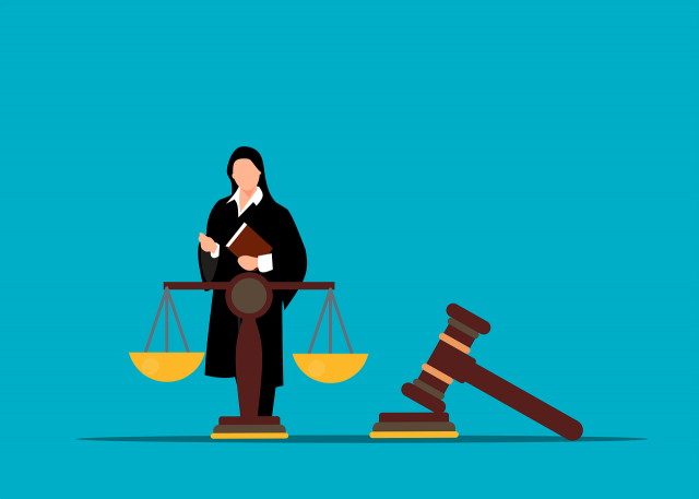 Illustration of a justice scale, a gavel, and an attorney