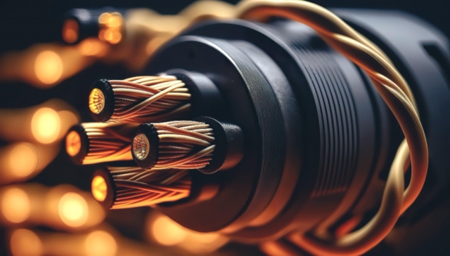 Worker assembling cables in a switchboard construction factory