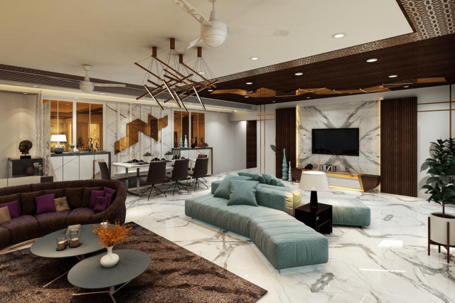 A sophisticated open-plan living area, showcasing a modern aesthetic with marble flooring and a striking TV wall.  Luxury and comfort blend seamlessly in this inviting space.