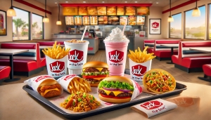A vibrant and engaging image showcasing a variety of Jack in the Box menu items, including burgers, tacos, fries, milkshakes, and breakfast sandwiches, set in a fast-food restaurant setting.