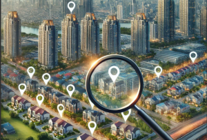 image of buildings with location symbol