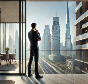a man thinking in front of dubai skyscrapper