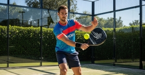 Skillful padel player hitting ball during match, booked via Mocion padel court booking app in UAE