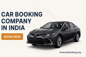 A sleek black sedan featured in a promotional banner for Car Booking Company in India by Carbooking, with a bold Book Now button and website link www.carbooking.org at the bottom right.
