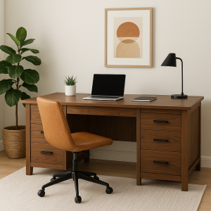 Modern executive office desk setup featuring a rich wood finish, leather swivel chair, and minimalist decor—perfectly balancing functionality and style for a professional workspace.