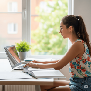 a girl attending a class from her laptop.