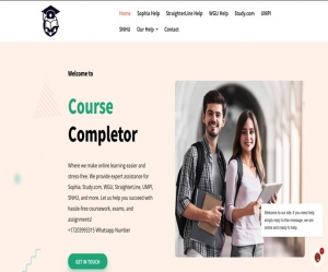 “Screenshot of the official Course Completor homepage, highlighting their dedicated support for Sophia, Study.com, WGU, StraighterLine, UMPI, and SNHU students. The site offers stress-free help with c