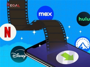Smartphone with filmstrip emerging, surrounded by streaming logos like Netflix, Disney+, Max, and Hulu, with Regal logo above—symbolizing OTT content delivery.