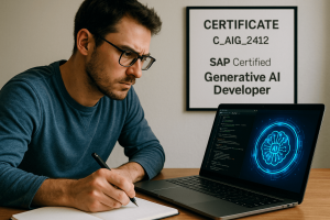 A developer studying for the C_AIG_2412: SAP Certified Associate - SAP Generative AI Developer certification, with his study materials and laptop.