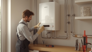 Professional heating engineer installing a modern wall-mounted boiler in a clean utility room