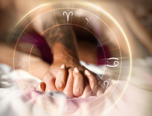 Astrology-guided love compatibility: a symbolic union of hearts and zodiac signs.