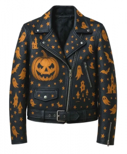Halloween Haunted Black Leather Jacket – Bold Outerwear for a Spooky Statement