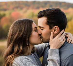 A close-up photograph captures a tender and intimate moment between a couple sharing a kiss. They are embraced in a warm, outdoor setting, with the soft, blurred hues of red, orange, and yellow autumn