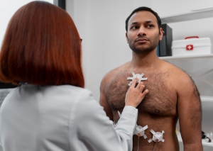 A doctor prepares a male patient for a medical chest examination using electrode patches.