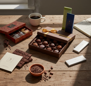 An inviting assortment of dark chocolates, showcasing various forms and elegant packaging, perfect for a discerning connoisseur.