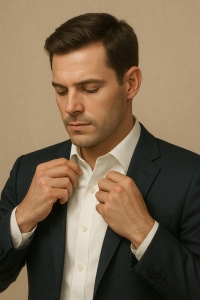 A professional man adjusting his shirt collar for a polished, confident appearance.