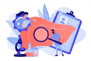 Illustration of doctors and researchers analyzing liver health using lab tests, microscope, and diagnostic tools.