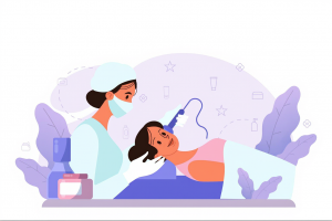 Illustration of a dermatologist treating a patient’s acne scars with an advanced laser device in a cosmetic clinic setting.