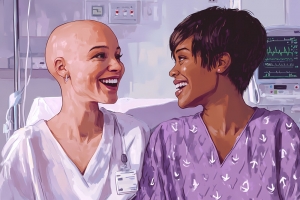 A breast cancer patient shares a moment of hope and positivity with a supportive friend during treatment at a hospital.