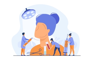 Vector illustration of surgeons marking a patient’s face and preparing medical tools for a plastic surgery procedure in a modern clinic setting.