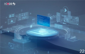 Futuristic digital interface concept showcasing data analytics and software dashboard elements with iCode49 Technolabs logo.