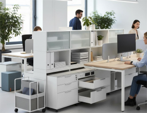 Modern office storage furniture solutions for open-plan workspaces