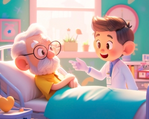 A cheerful doctor speaks with an elderly patient, creating a warm and supportive hospital atmosphere.