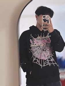Sp5der Meets Pink Palm Puff Hoodie in Style