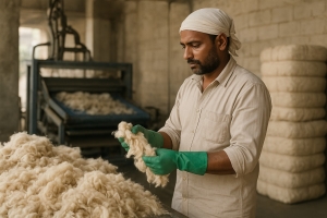 Workers managing wool quality amid India’s challenging warm weather conditions.