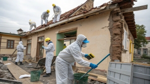 Workers in full protective suits and helmets clean and repair a damaged house, with some clearing debris on the ground while others work on the partially collapsed roof.