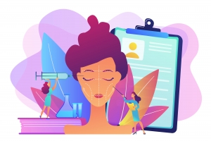 An artistic illustration depicting facial assessment and cosmetic procedure planning in modern plastic surgery.