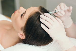 Dermatologist administering PRP injection on a patient's scalp to promote hair growth during a PRP therapy session in Delhi clinic.