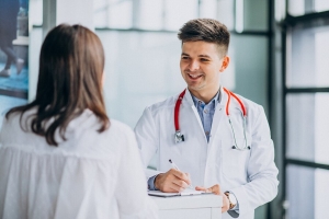 Young male psysician with patient at hospital