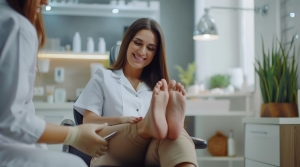 A woman is sitting on a chair with her feet on her feet