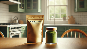 Kratom powder in a package and glass jar sitting atop a wooden table in the kitchen.