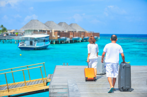 A couple arriving at a timeshare resort