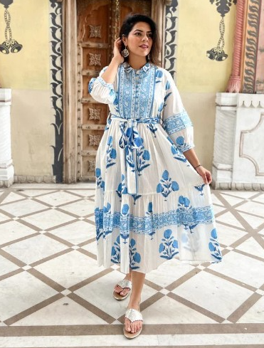 Shop the Latest Sky Blue Print Dress Collection From Jaipur Morni USA