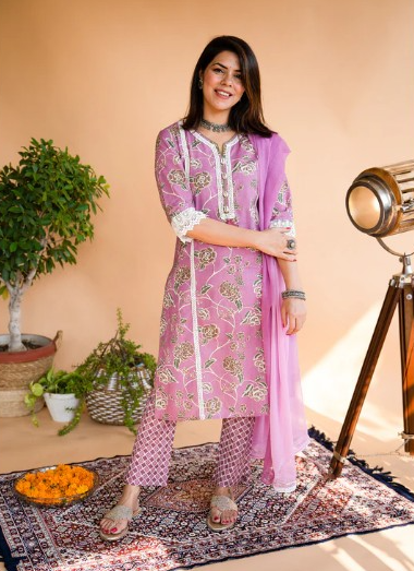 Shop Stylish Printed Suit Neck Designs with Lace Detailing From Jaipur Morni