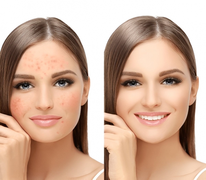 Before and after comparison of a woman showing acne scars on the left and clear, smooth skin on the right, illustrating effective acne scar surgery and skin rejuvenation results.