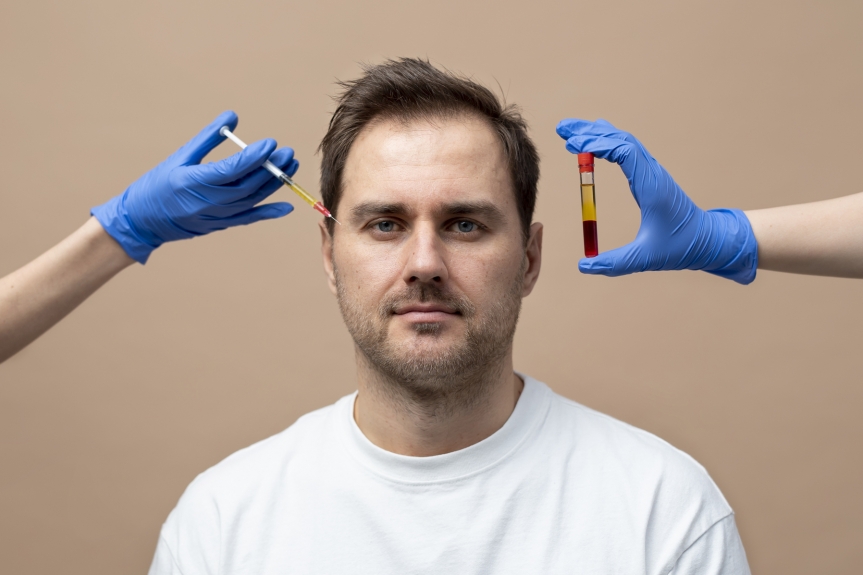 “A man undergoing hair treatment with medical professionals holding a syringe and a PRP tube on either side, representing GFC vs PRP hair growth procedures.”